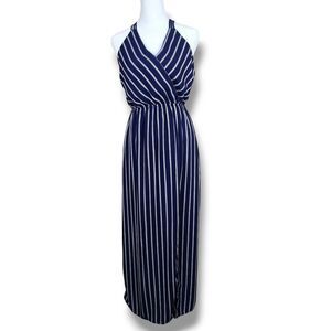 Monteau Maxi Dress Women's Small Striped Blue Stretch Waist Vacation Nautical